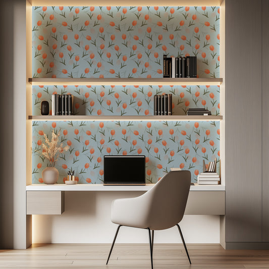 Tulip Bloom tulip wallpaper in a bright home office and hallway