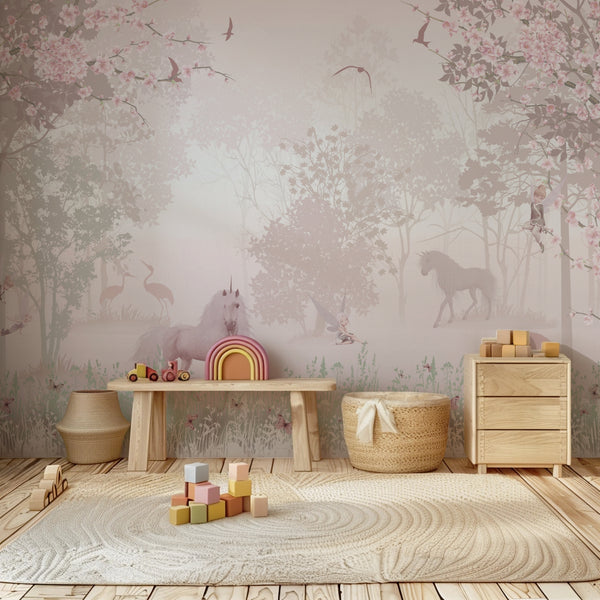 Unicorn Fantasyland kids wall mural in a dreamy pastel children’s bedroom.