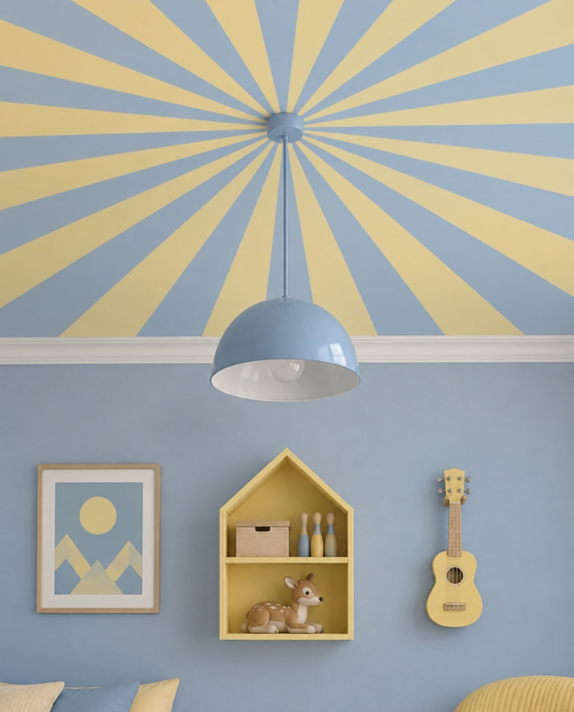 Up in the Sky Buttercream & Dusty Blue close-up of the dusty blue and buttercream sunburst ceiling with a blue dome pendant at its centre
