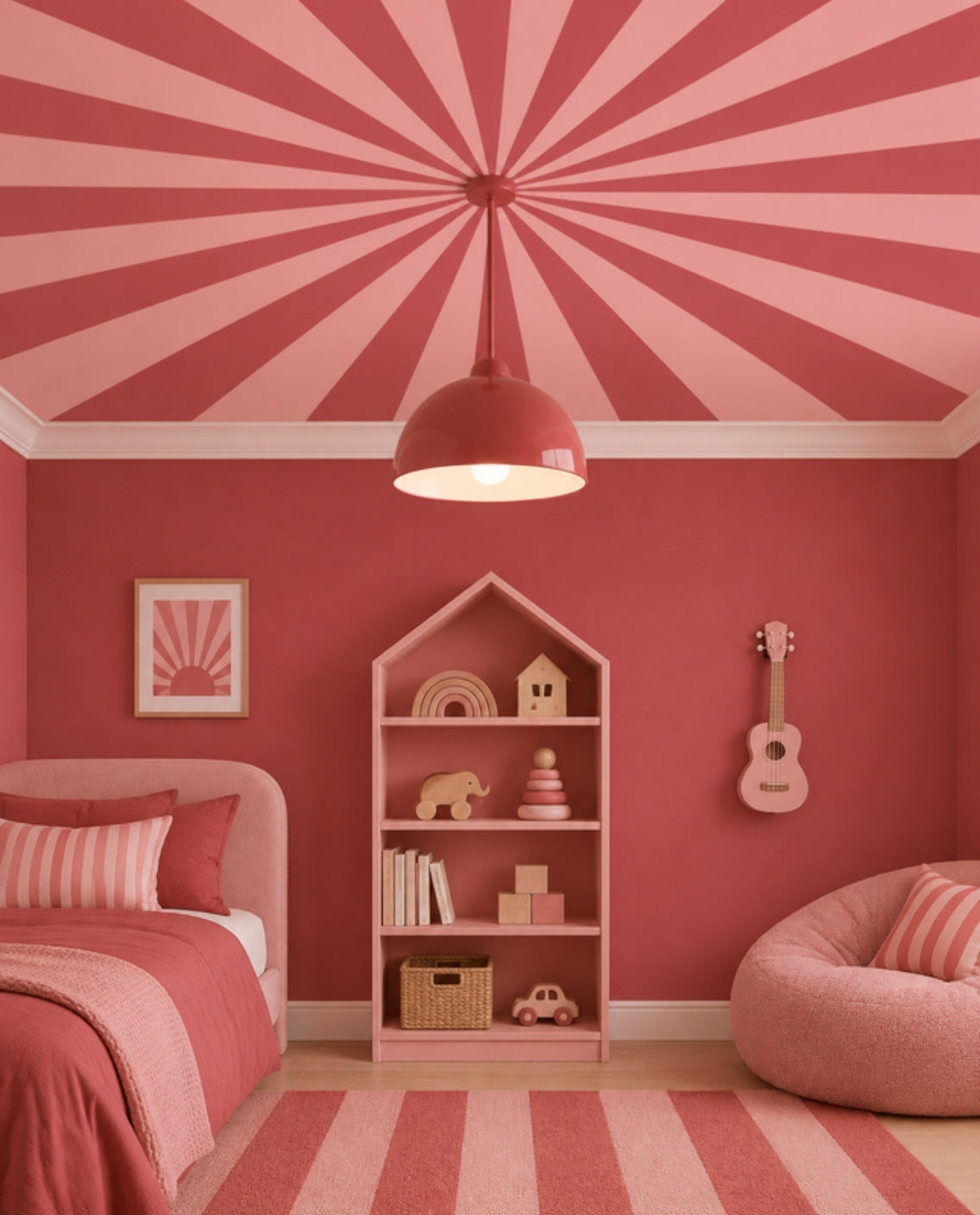 Up in the Sky Cherry Blossom close-up of the cherry red and salmon pink sunburst ceiling with a cherry dome pendant at its centre