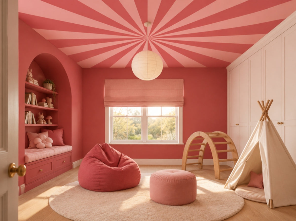 Up in the Sky Cherry Blossom sunburst ceiling in a cherry and salmon pink children's room with an arched reading nook and paper lantern
