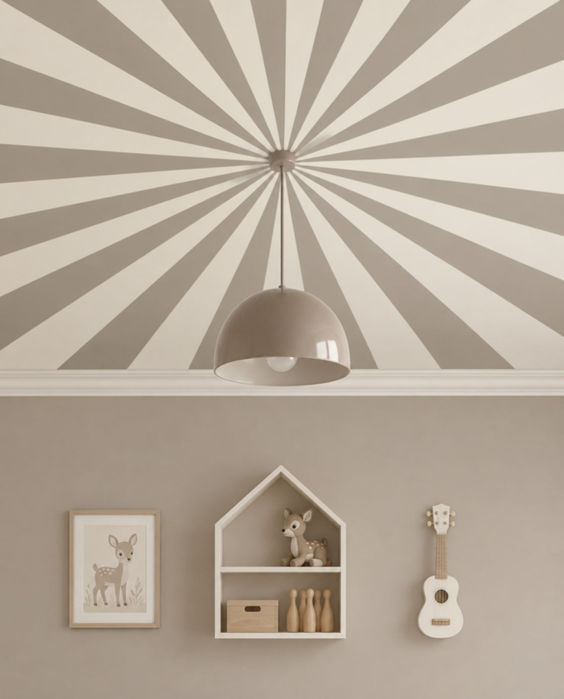 Up in the Sky Mushroom Taupe & Chalk close-up of the mushroom taupe and chalk sunburst ceiling with a taupe dome pendant at its centre