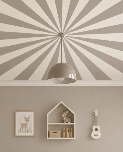 Up in the Sky Mushroom Taupe & Chalk close-up of the mushroom taupe and chalk sunburst ceiling with a taupe dome pendant at its centre
