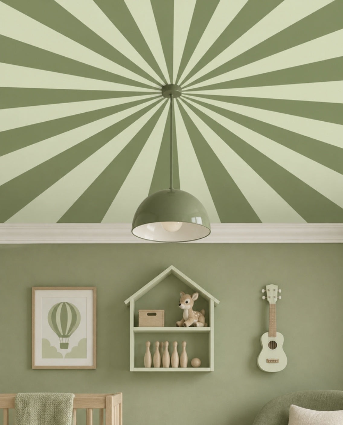 Up in the Sky Muted Olive & Pistachio close-up of the muted olive and pistachio sunburst ceiling with an olive dome pendant at its centre