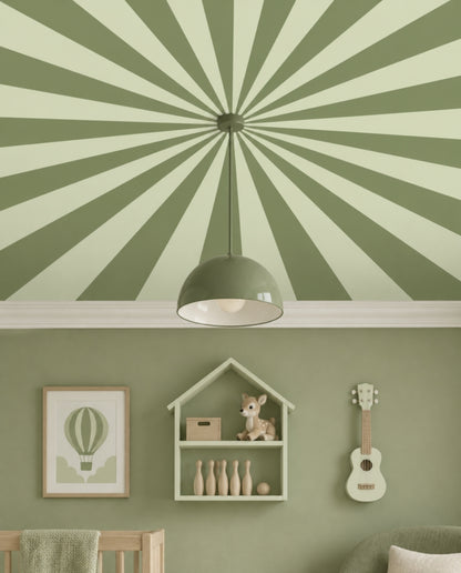 Up in the Sky Muted Olive & Pistachio close-up of the muted olive and pistachio sunburst ceiling with an olive dome pendant at its centre
