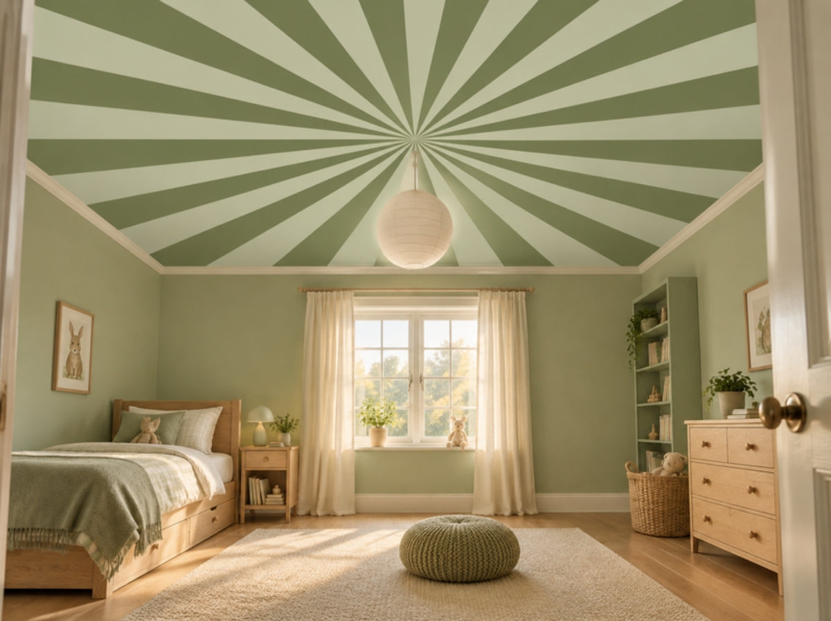 Up in the Sky Muted Olive & Pistachio sunburst ceiling in an olive green children's bedroom with a wooden bed and paper lantern