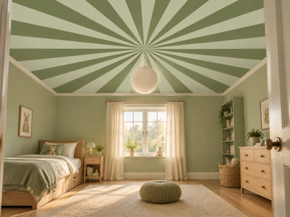 Up in the Sky Muted Olive & Pistachio sunburst ceiling in an olive green children's bedroom with a wooden bed and paper lantern