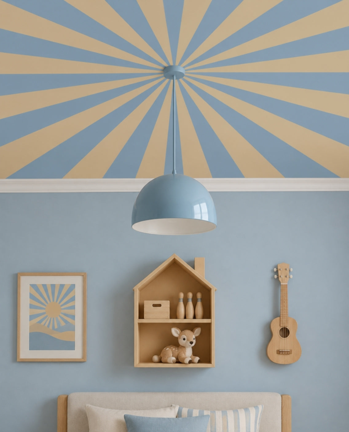 Up in the Sky Sky & Sand close-up of the sky blue and sand sunburst ceiling with a blue dome pendant at its centre