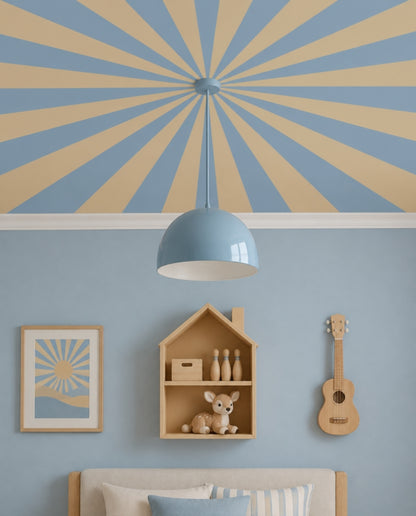Up in the Sky Sky & Sand close-up of the sky blue and sand sunburst ceiling with a blue dome pendant at its centre