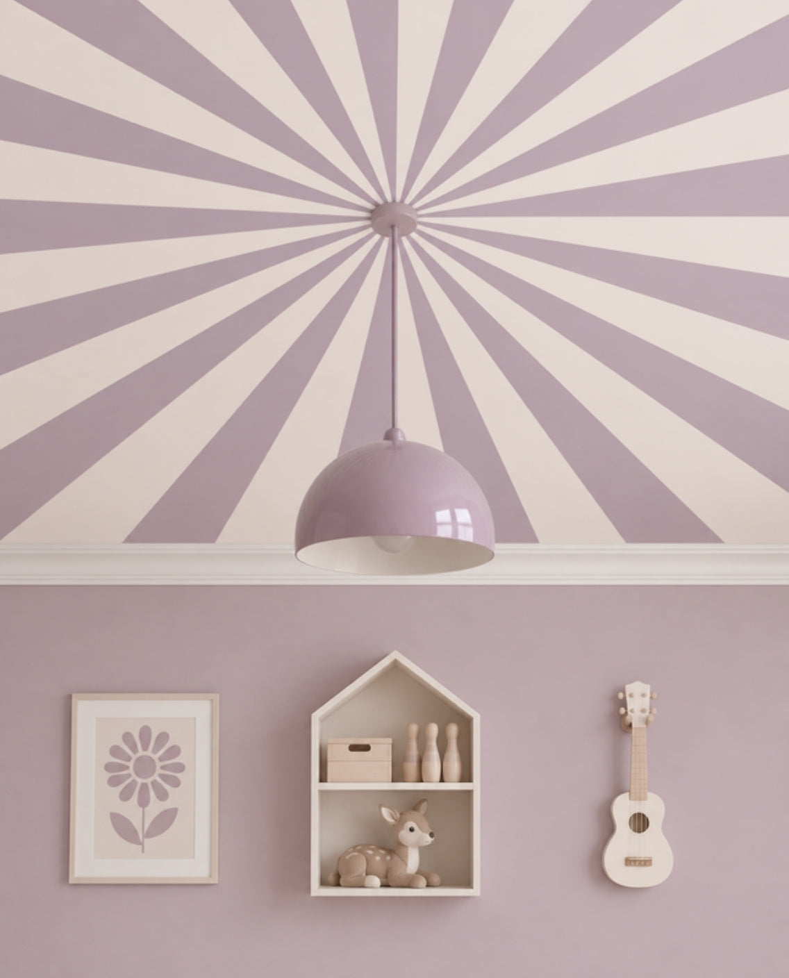 Up in the Sky Soft Mauve & Milk close-up of the soft mauve and milk sunburst ceiling with a mauve dome pendant at its centre