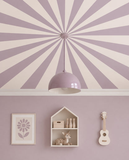 Up in the Sky Soft Mauve & Milk close-up of the soft mauve and milk sunburst ceiling with a mauve dome pendant at its centre
