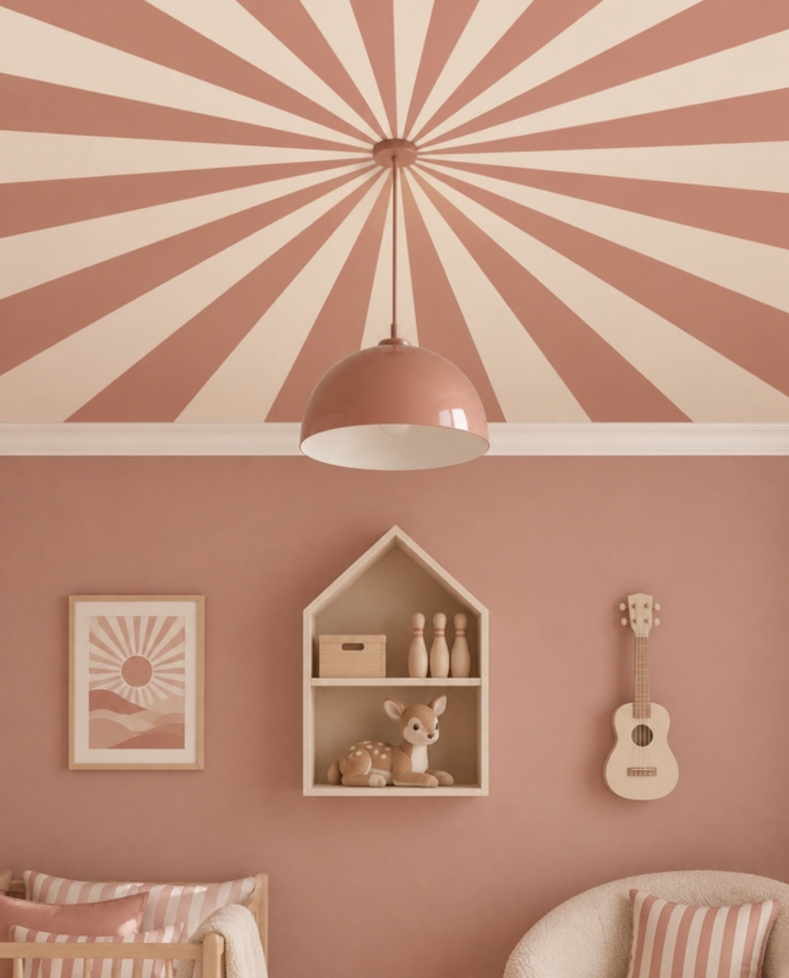 Up in the Sky Terracotta Rose close-up of the clay rose and ivory sunburst ceiling with a rose dome pendant at its centre