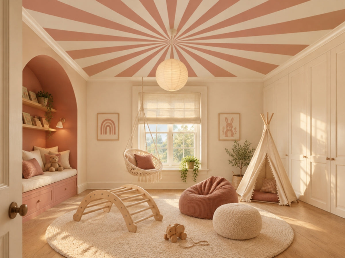 Up in the Sky Terracotta Rose sunburst ceiling in an ivory children's room with a clay rose reading nook and paper lantern