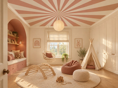 Up in the Sky Terracotta Rose sunburst ceiling in an ivory children's room with a clay rose reading nook and paper lantern