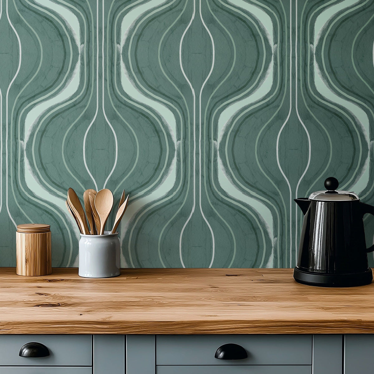 Verdant Curves green abstract flowing-curve wallpaper in a dining room