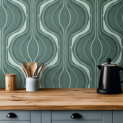 Verdant Curves green abstract flowing-curve wallpaper in a dining room