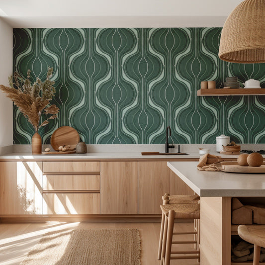Verdant Curves green abstract flowing-curve wallpaper in a dining room