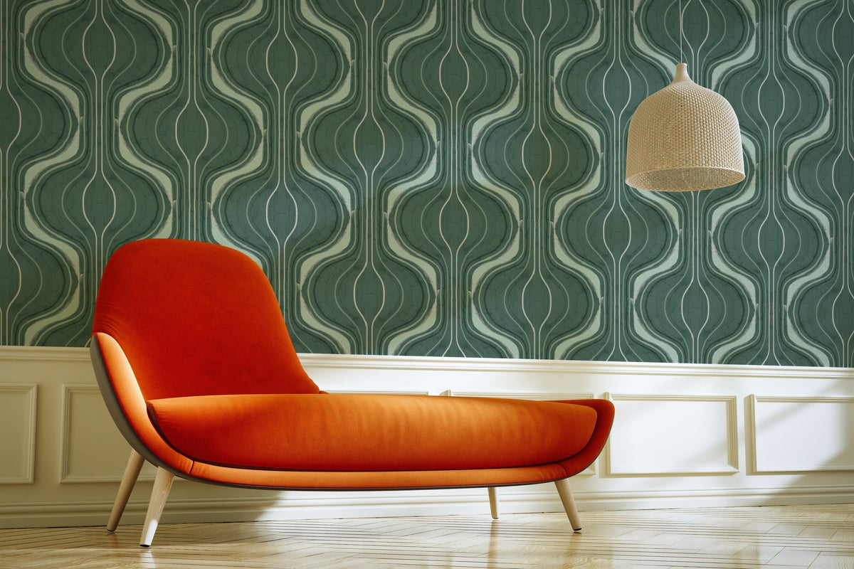 Verdant Curves green abstract flowing-curve wallpaper in a living room