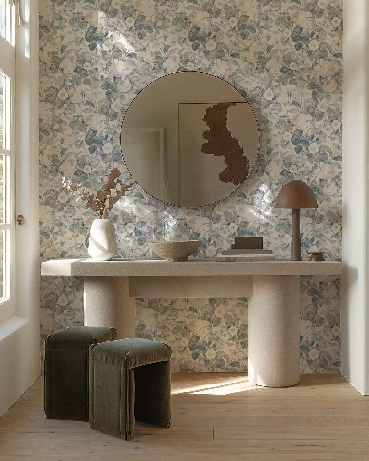 Vintage Veil wallpaper in an entrance hall with a console table and round mirror