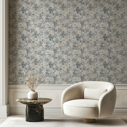 Vintage Veil floral wallpaper in a sitting corner with a cream armchair and black side table