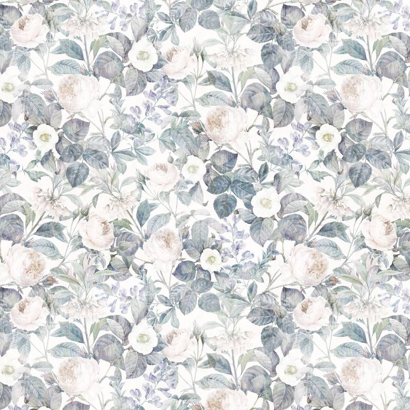 Vintage Veil wallpaper design, ivory roses among dusty blue-grey leaves