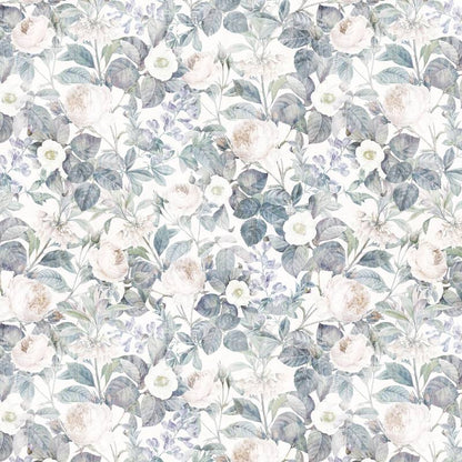 Vintage Veil wallpaper design, ivory roses among dusty blue-grey leaves