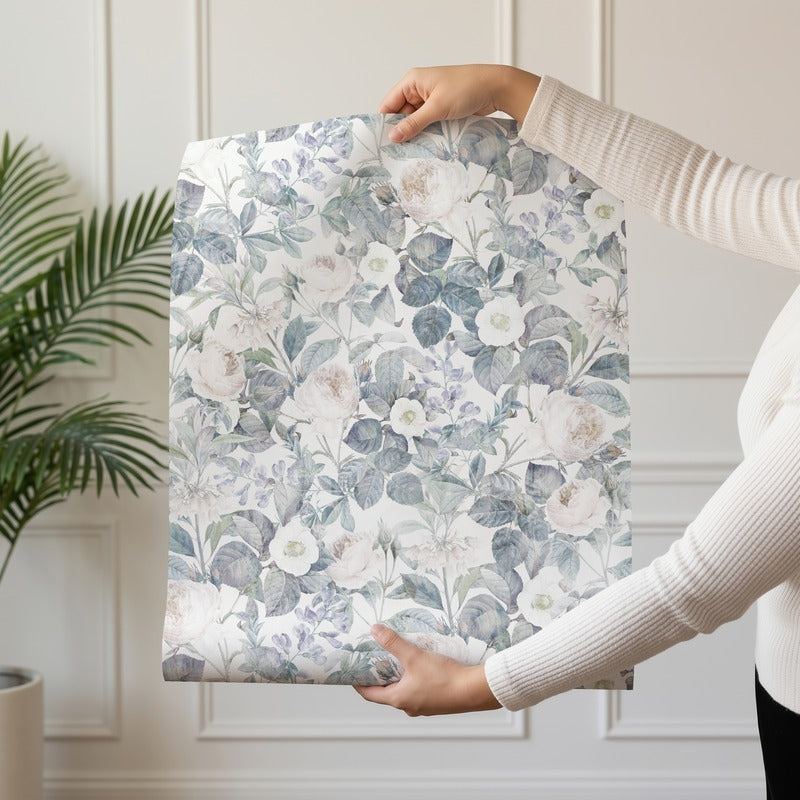 Vintage Veil wallpaper roll drop showing the rose and leaf repeat