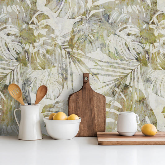 Warm Tropics lush tropical botanical wallpaper in warm tones in a dining room