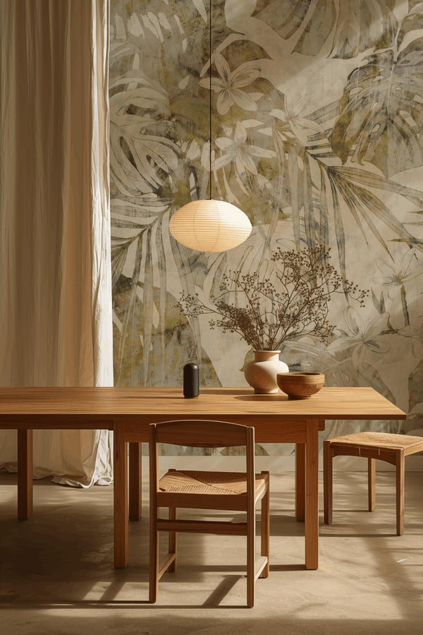 Warm Tropics tropical wallpaper styled on a feature wall