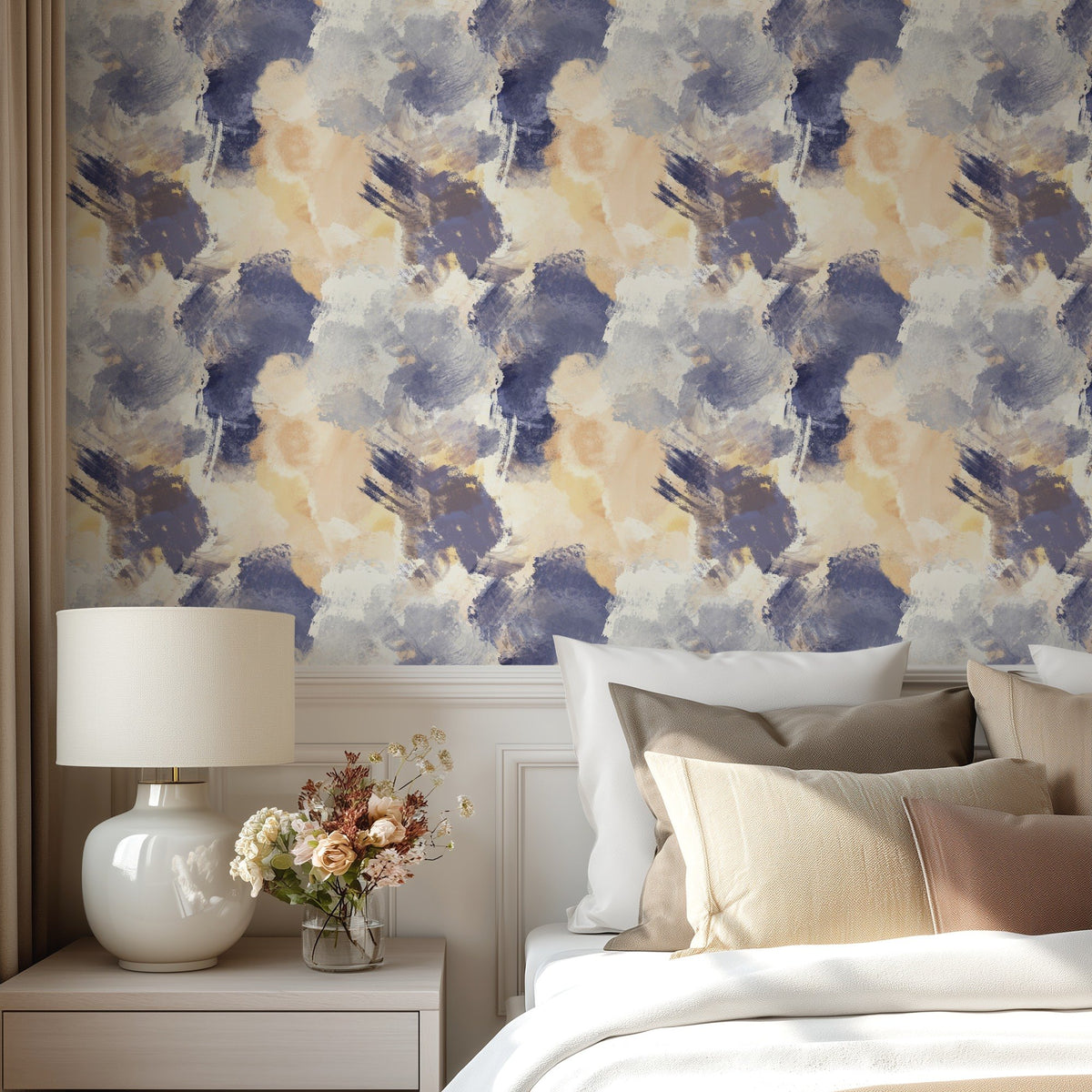 Watercolor Fantasy violet and grey abstract watercolor wallpaper in a bedroom