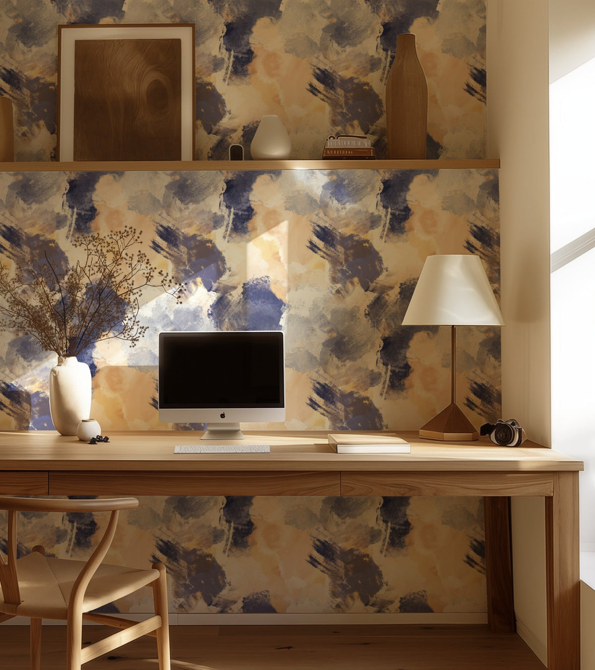 Watercolor Fantasy violet and grey abstract watercolor wallpaper in a home office