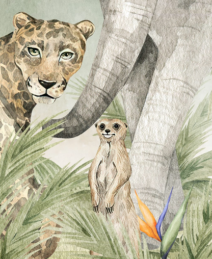 Watercolor Jungle Animals kids mural, close-up of illustrated jungle creatures