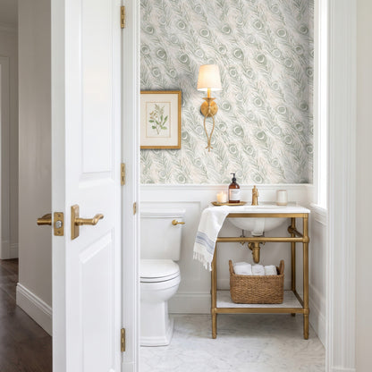 Watercolor Peacock Feathers elegant iridescent peacock-feather wallpaper in a bathroom