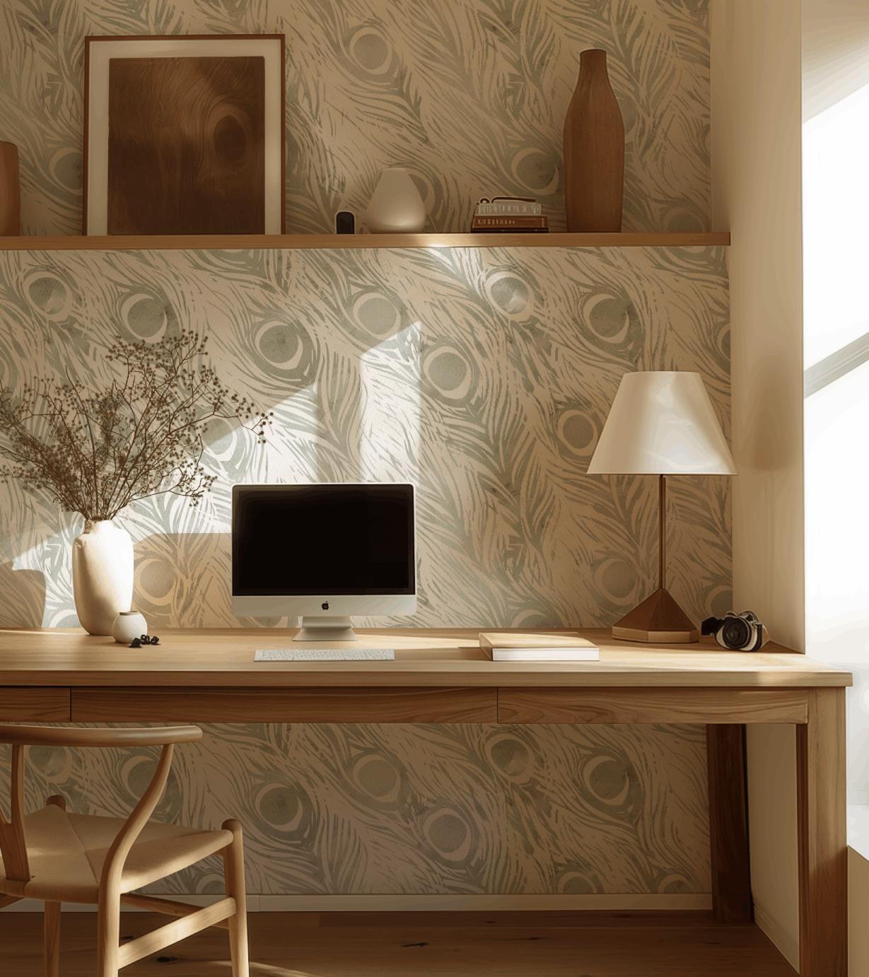 Watercolor Peacock Feathers-PAMPA Wallcoverings