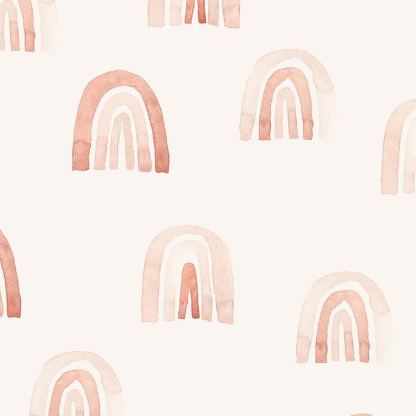 Watercolor Rainbows nursery wallpaper sample, close-up of rainbow pattern