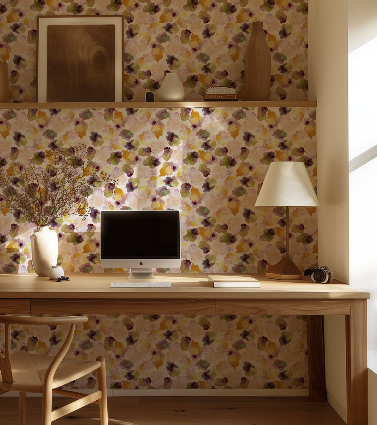 Watercolor Stains abstract watercolour bloom wallpaper in ochre, plum and olive in a home office