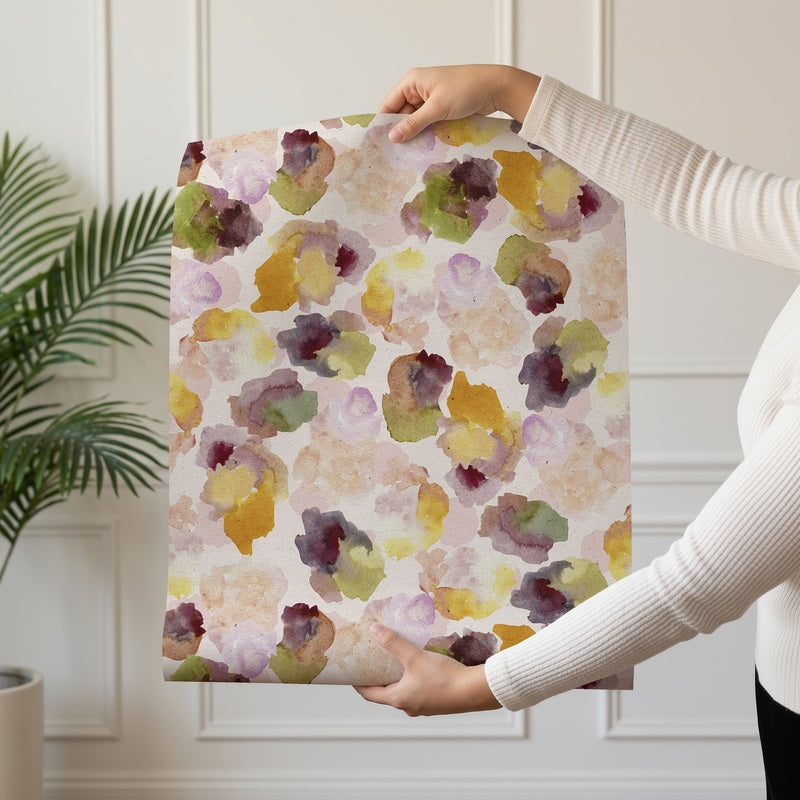 Watercolor Stains abstract watercolour bloom wallpaper in ochre, plum and olive shown on a single wallpaper drop