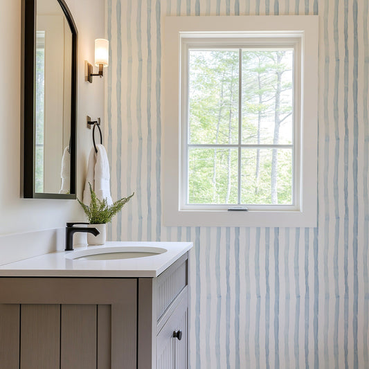 Watercolor Stripes - Blue soft blue stripe wallpaper in a bathroom