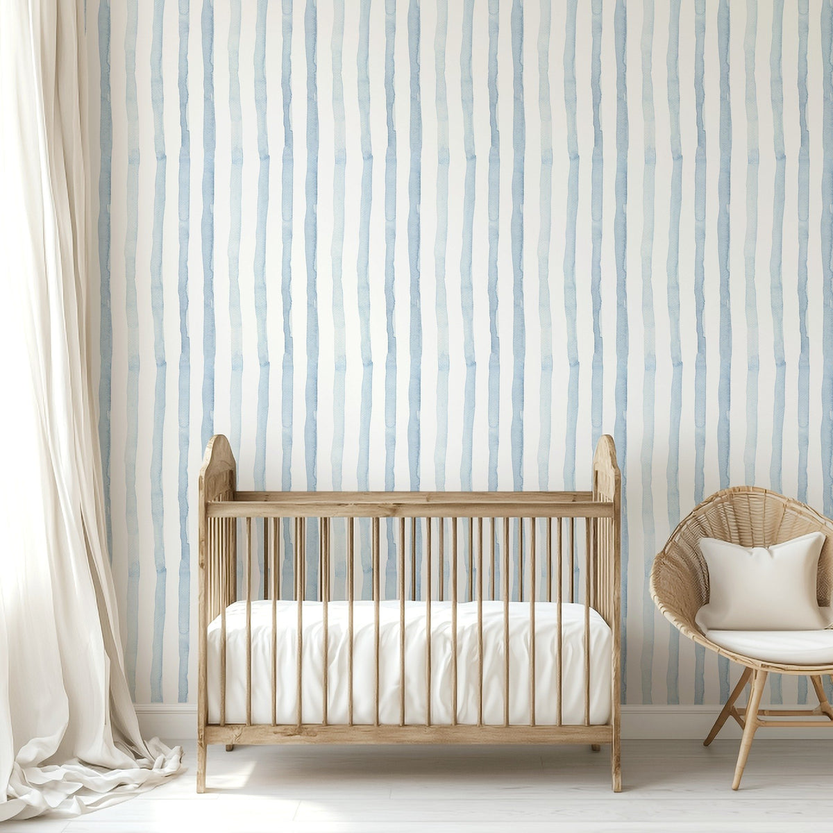 Watercolor Stripes - Blue soft blue stripe wallpaper in a nursery