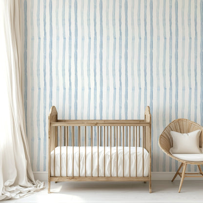 Watercolor Stripes - Blue soft blue stripe wallpaper in a nursery