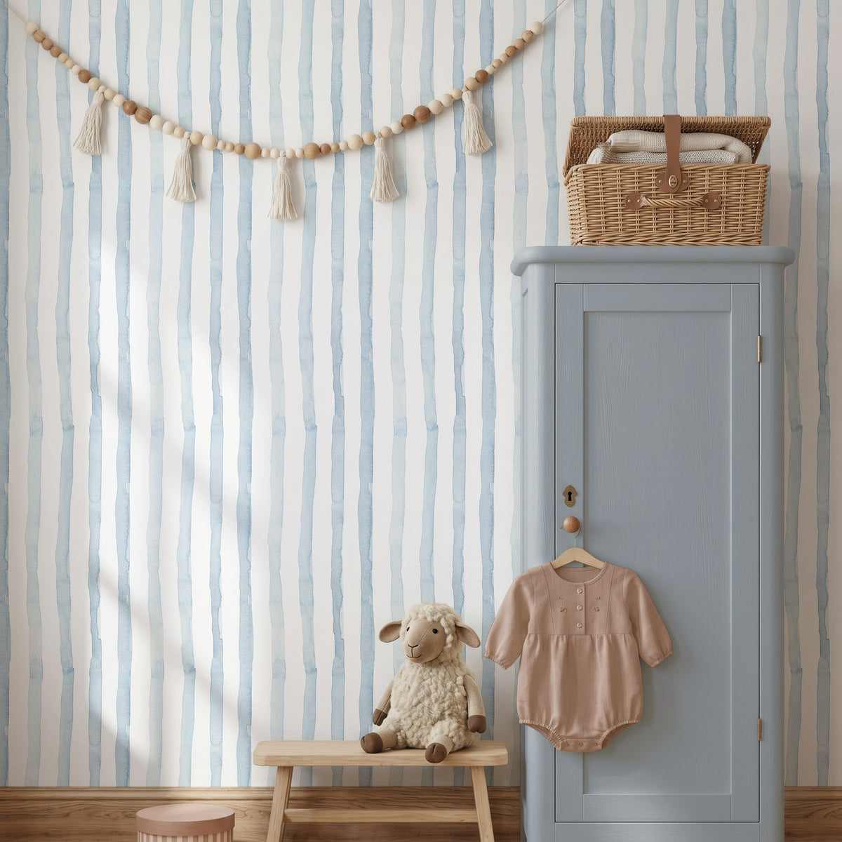 Watercolor Stripes - Blue soft blue stripe wallpaper in a nursery