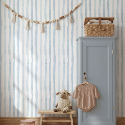 Watercolor Stripes - Blue soft blue stripe wallpaper in a nursery