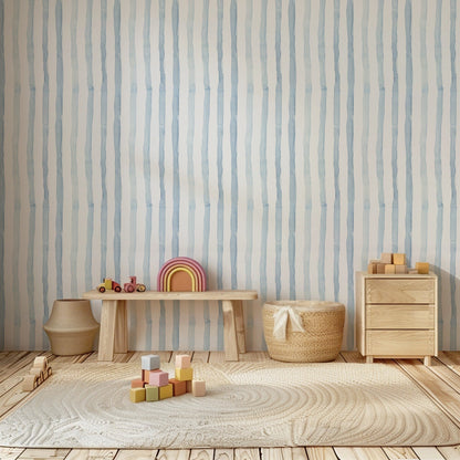Watercolor Stripes - Blue soft blue stripe wallpaper in a nursery