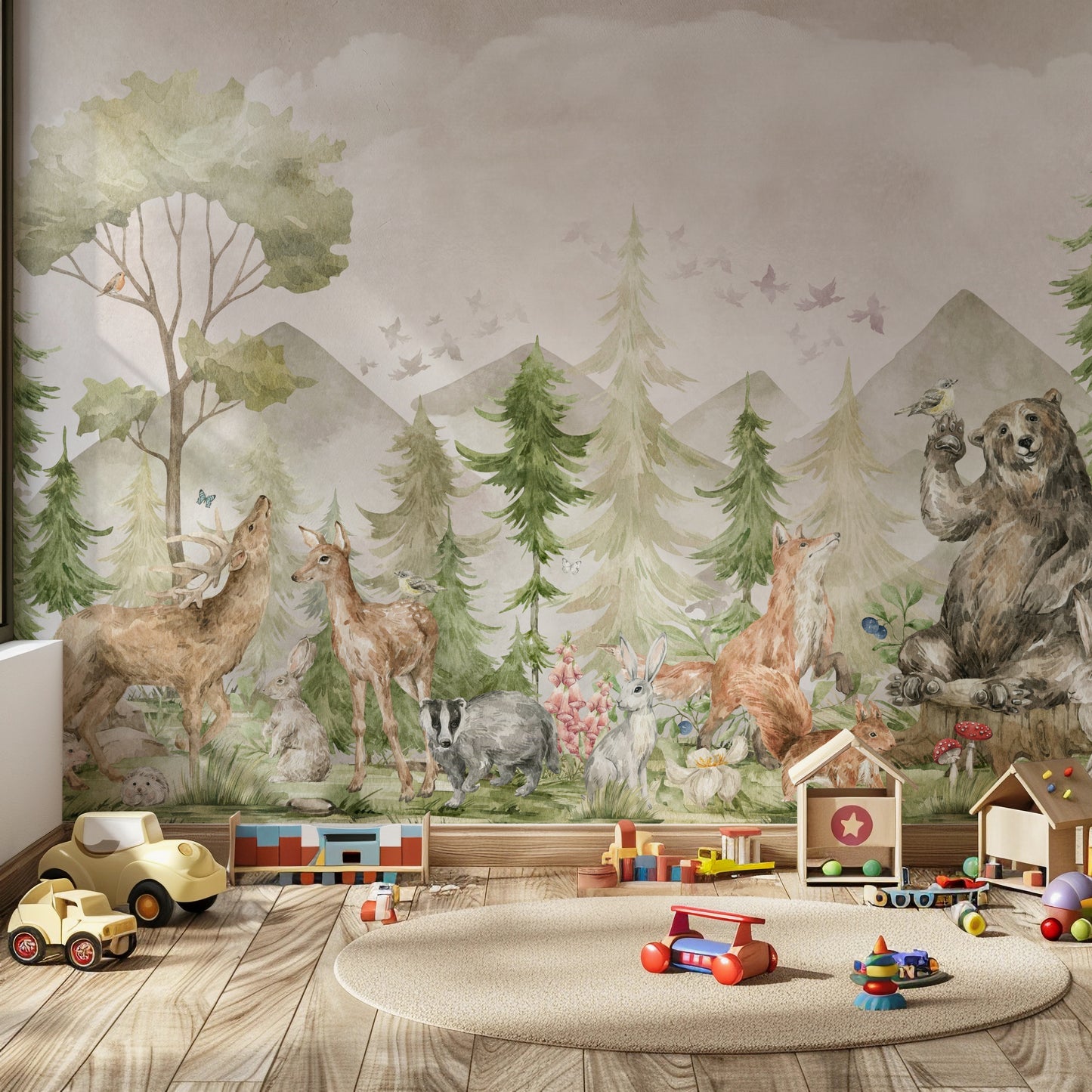Watercolor woodland animals kids wall mural in a cozy nursery with natural decor.