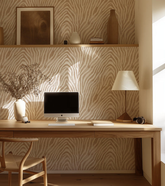 Watercolor Zebra neutral kids wallpaper with painted zebra motifs in a home office