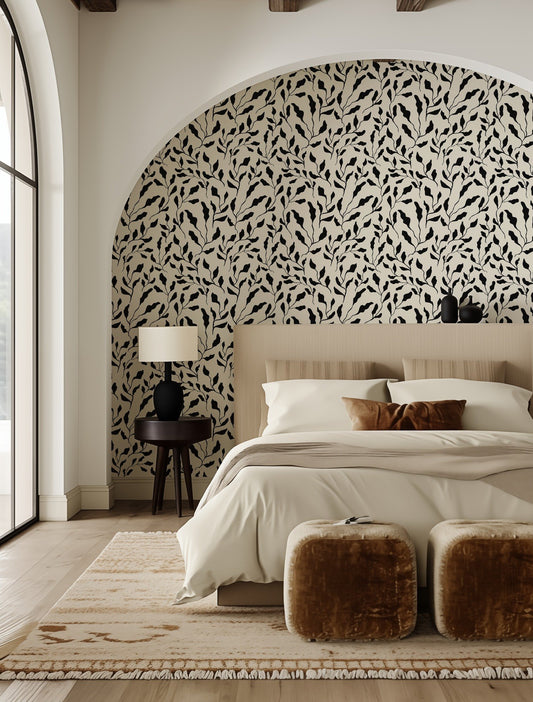Wavy Leaves elegant botanical wave-pattern wallpaper in a bedroom