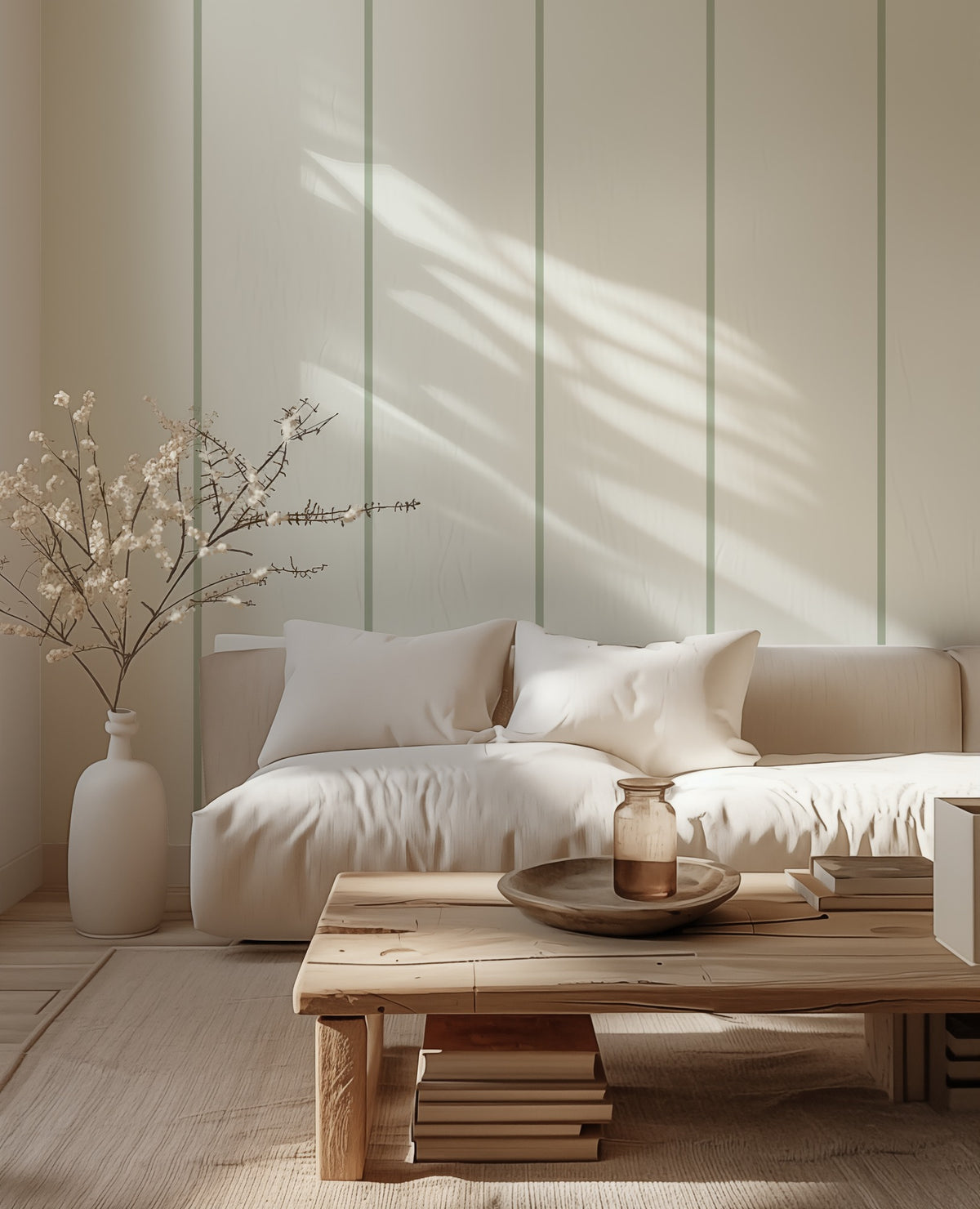 Whisper Sage Stripes soft sage stripe wallpaper styled in a living room