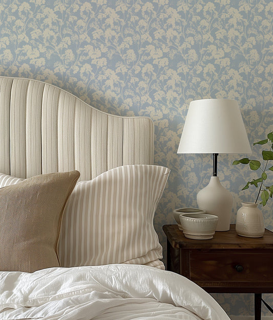 White Blooming Flowers delicate white botanical floral wallpaper in a bedroom