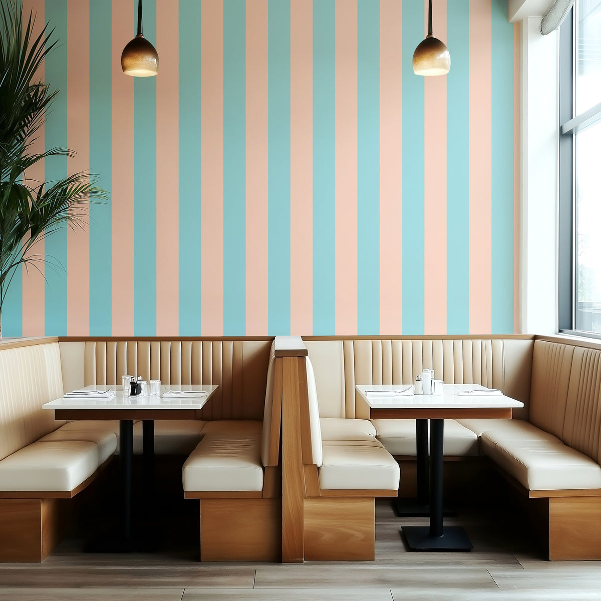 Aqua & Peach – Wide Stripe Wallpaper styled in a boutique hotel and hospitality space
