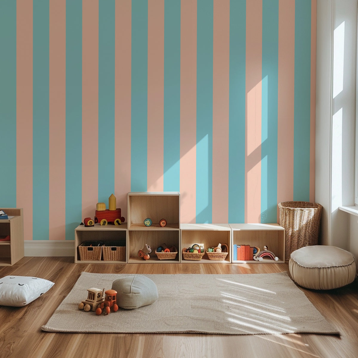 Aqua & Peach – Wide Stripe Wallpaper styled in a kids' room and nursery